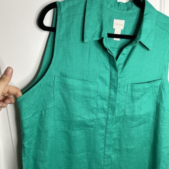 Chicos Tunic Women's Size 3 Large Teal Sleeveless Linen Tunic Collared Lagenlook - Picture 4 of 9